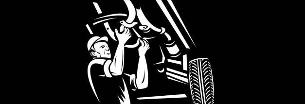 A black and white drawing of a man working on a car.